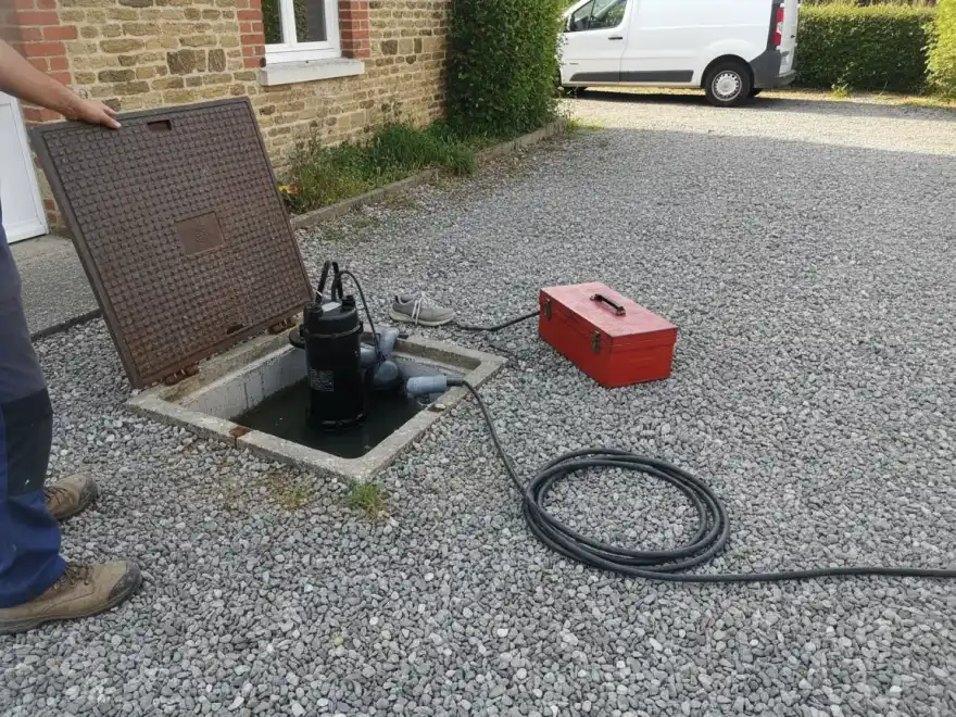 Pompe de relevage eaux usées à Châteauneuf-en-Thymerais : regard ouvert dans une allée gravillonnée, pompe et câble (illustration)