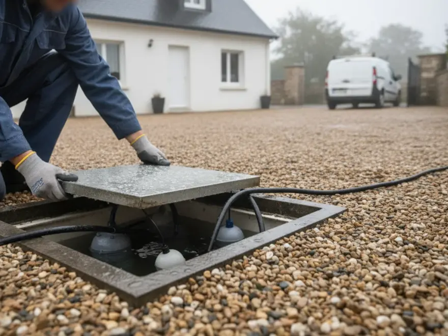 Pompe de relevage eaux usées à Cormeilles-en-Parisis : ouverture du regard du poste de relevage devant la maison (illustration)