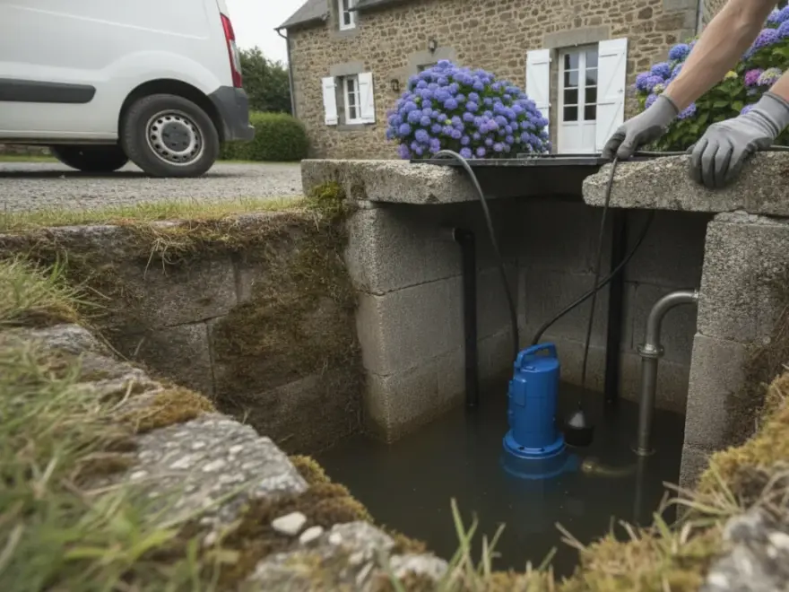 Pompe de relevage eaux usées à Languidic : contrôle du flotteur de la pompe de relevage, longère du Morbihan (illustration)