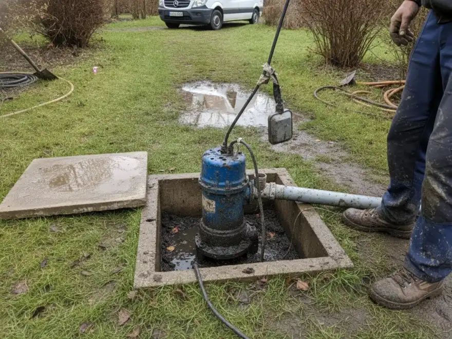 Pompe de relevage eaux usées à Magny-en-Vexin : poste ouvert dans un jardin boueux après la pluie (illustration)