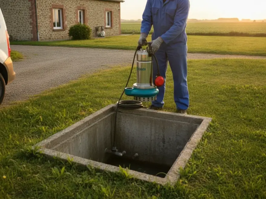Pompe de relevage eaux usées à Orgères-en-Beauce : pompe de relevage au-dessus du regard, maison de plaine (illustration)