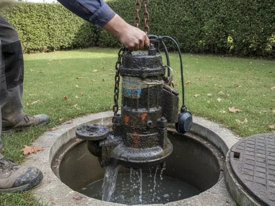 Pompe de relevage eaux usées à Persan : pompe encrassée remontée à la chaîne, l’eau qui s’écoule (illustration)
